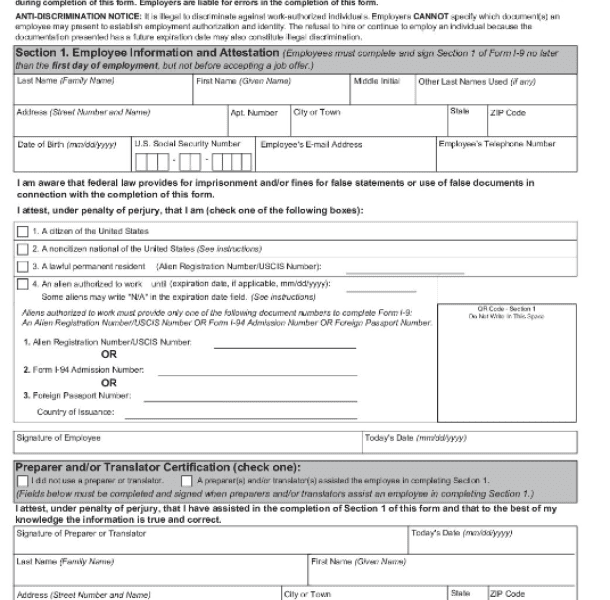 Screenshot of I-9 form